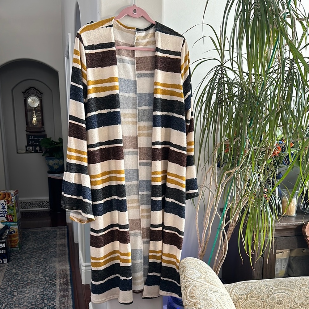 Fall Striped Open Front Cardigan Duster